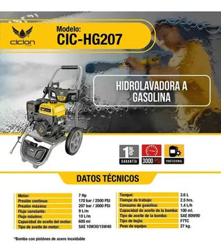 Ciclon Hidrolavadora A Gasolina 207 Bar/ 3000 Psi 3400 Rpm Gris