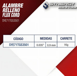 Microalambre Soldadura Synergy Flux Core 0.9mm 1kg Sin Gas E71t-gs