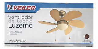 Ventilador De Techo Veker 7661 Con Luz 6 Aspas Madera Roble Claro 3 Velocidades 76.2 Cm