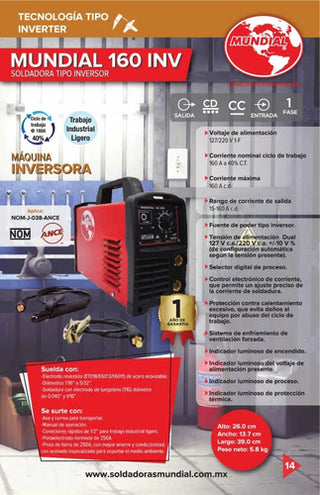 Máquina Soldadora Tipo Inversor Mundial 160 Amp Rojo Y Negro