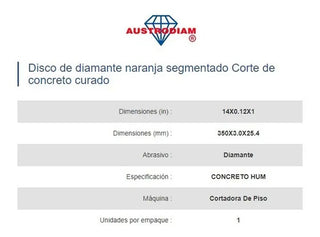 Disco Corte Concreto De Diamante 14  Austrodiam 1518 Negro Y Naranja