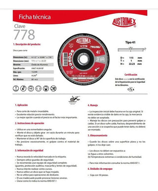 Austromex Disco De Corte 778 4.1/2 4-1/2 Pul - Paq. 35 Pzas Rojo