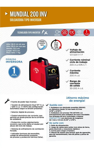 Máquina Soldadora Tipo Inversor Mundial 200 Amp Rojo/negro