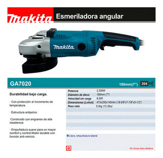 Esmeriladora Angular Makita Ga7020 Color Turquesa 2.2 Kw + Accesorio