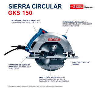 Sierra Circular Bosch Gks 150 1500w 7-1/4 PuLG. 127v 6000 Rpm Corte 64 Mm Con 2 Discos Guía Paralela Y Adaptador De Polvo (06016b30g1) Azul